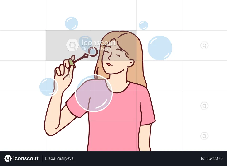 Teenager girl blows soap bubbles enjoying presence free time  Illustration