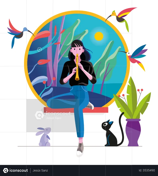 Teenager Girl Playing Flute Surrounded By Cute Animals  Illustration