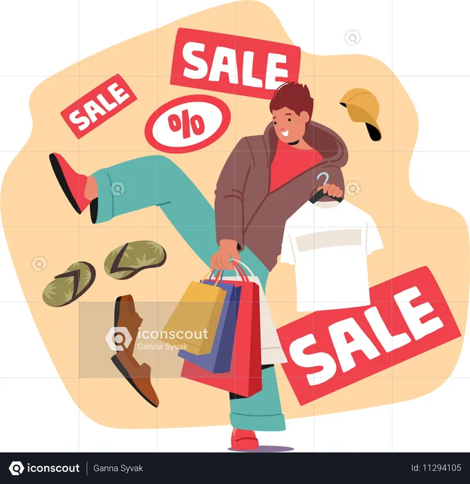 Teenager guy carrying purchases in bags rejoicing holidays sale at clothing store boutique  Illustration