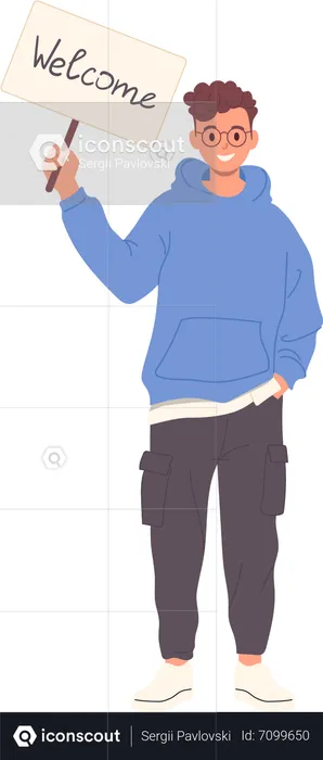 Teenager im trendigen Outfit wartet auf jemanden, der mit einem Willkommensbanner in der Hand steht  Illustration