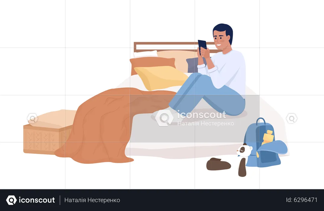 Teenager mit Smartphone sitzt auf dem Bett  Illustration