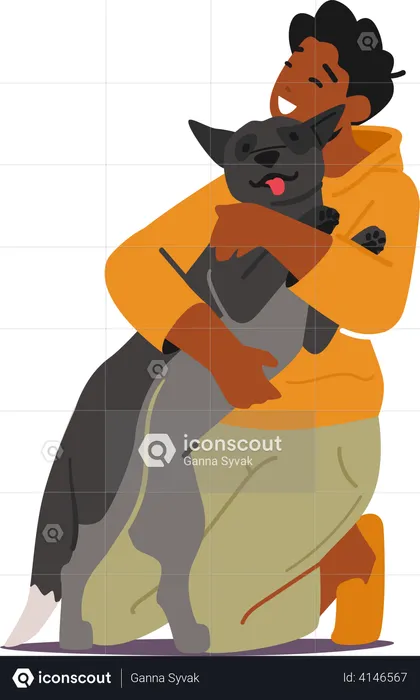 Teenager Kid Hug and Caress Funny Doggy  Illustration
