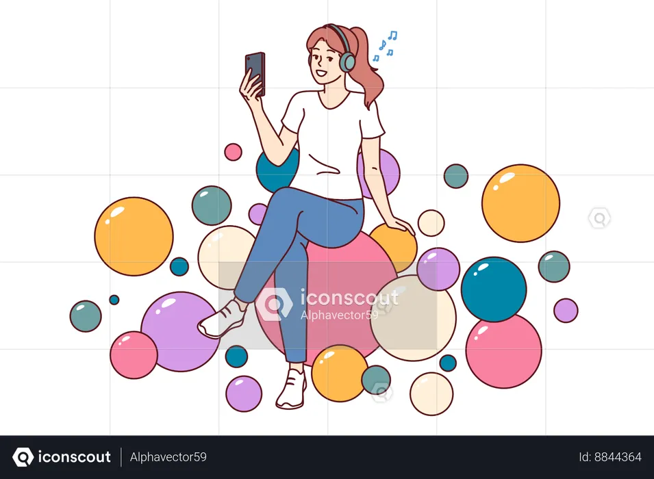Teenager woman listening to music on headphones  Illustration