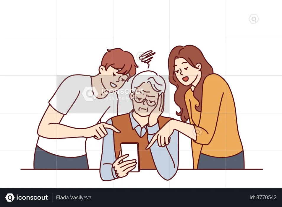Teenagers are teaching  the use of mobile phone to elderly man  Illustration