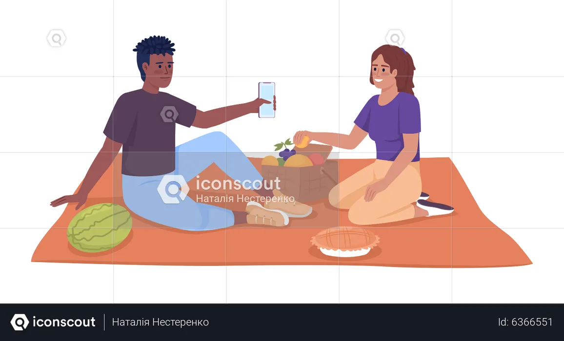 Teenagers enjoying picnic on blanket  Illustration