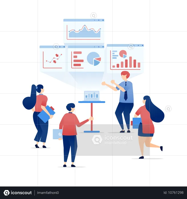 Teilnehmer einer Geschäftspräsentation analysieren Strategie- und Planungsdiagramme  Illustration