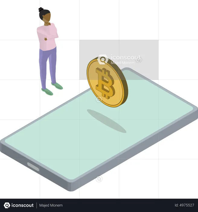 Teléfono Bitcoin Flotante Mujer Pensando  Ilustración