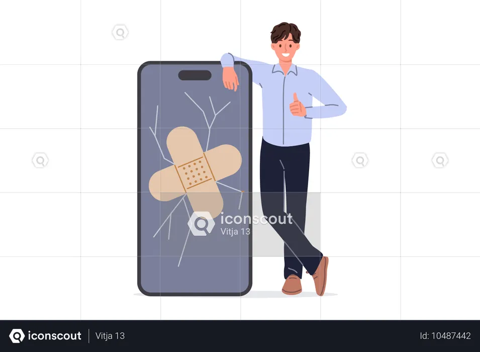 Teléfono que muestra a un hombre con la pantalla rota y un yeso médico y mostrando los pulgares hacia arriba  Ilustración