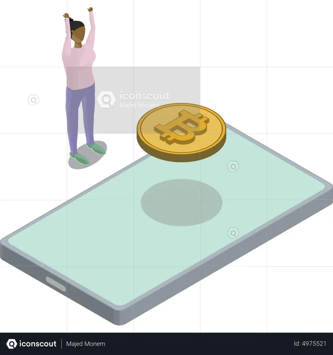 Téléphone Bitcoin Flottant Dos Femme Mains En Air  Illustration