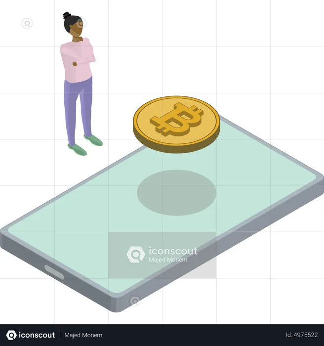 Téléphone Bitcoin dos flottant femme pensant  Illustration