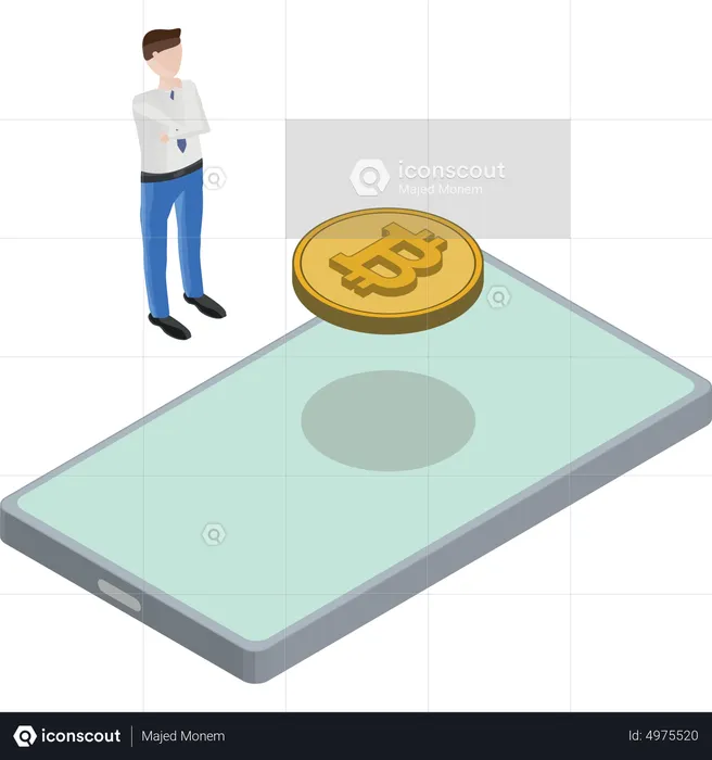 Téléphone Bitcoin Flottant Dos Homme Pensant  Illustration