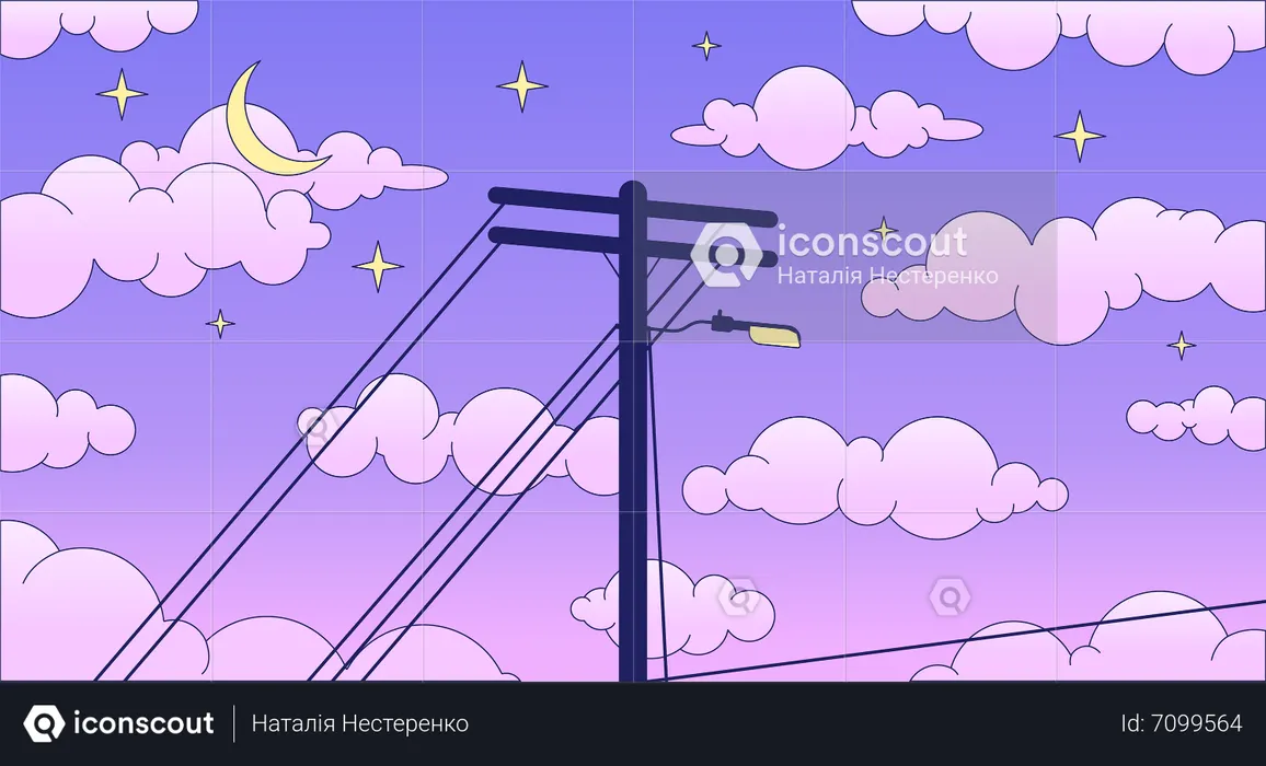 Telephone pole on dreamy night sky lo fi chill wallpaper  Illustration