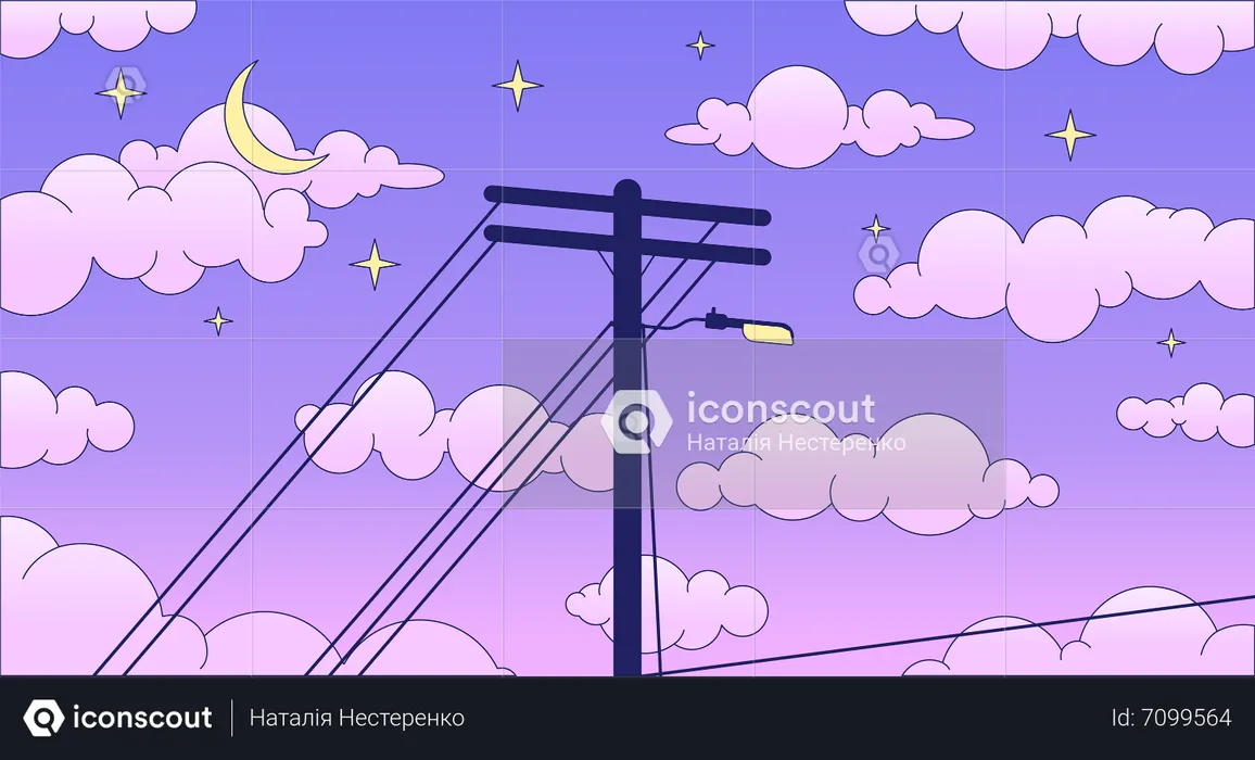 Telephone pole on dreamy night sky lo fi chill wallpaper  Illustration