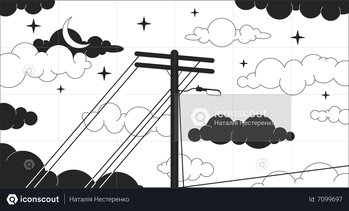 Telephonepole on dreamy night sky  Illustration