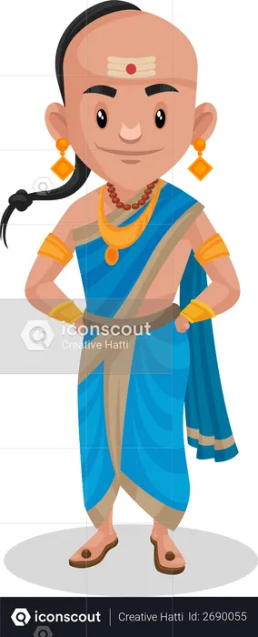 Tenali Ramakrishna sonríe y está de pie con las manos en la cintura.  Ilustración
