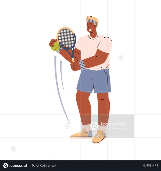 Tennis player dark skinned man holds the ball his hand and wants to throw with a racquet  Illustration