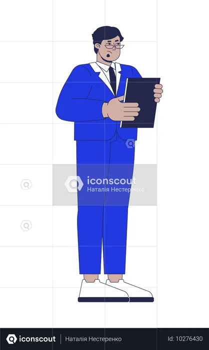 Tensed male tv show host holding clipboard  Illustration