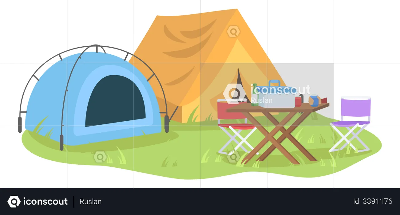 Tent in forest with meal  Illustration