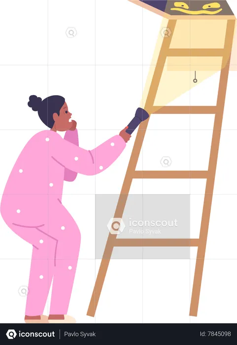 Terrified Child Girl With Flashlight Cautiously Explores The Attic  Illustration