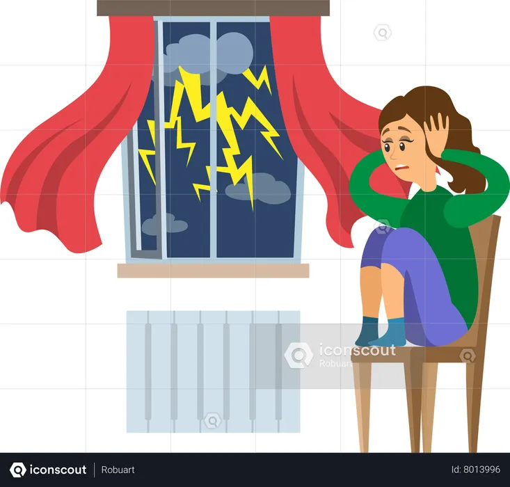 Terrified lady shocked by thunder  Illustration