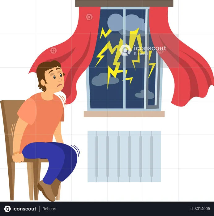 Terrified man shocked by thunder and lightning  Illustration