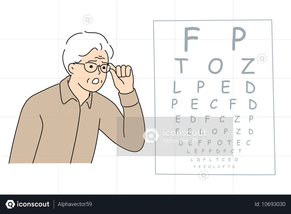 Teste de visão para homem idoso olhando para uma mesa com letras na consulta com oftalmologista  Ilustração