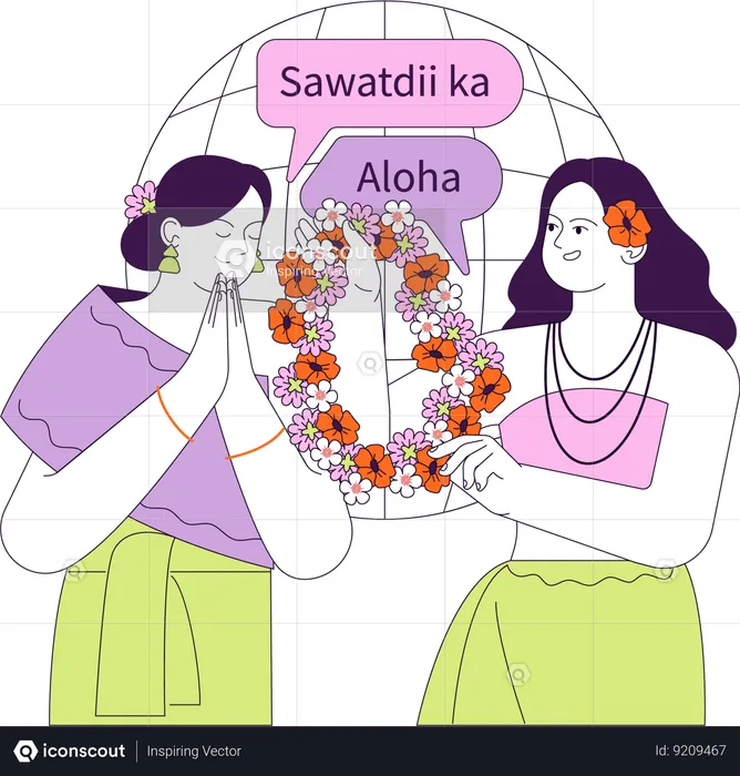 Thai and Hawaiian women exchanging traditional greetings  Illustration