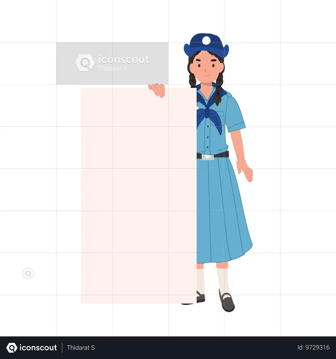 Thai Girl Scout in Uniform with Blank Sign, Ideas for School Projects and Outdoor Activities  Illustration