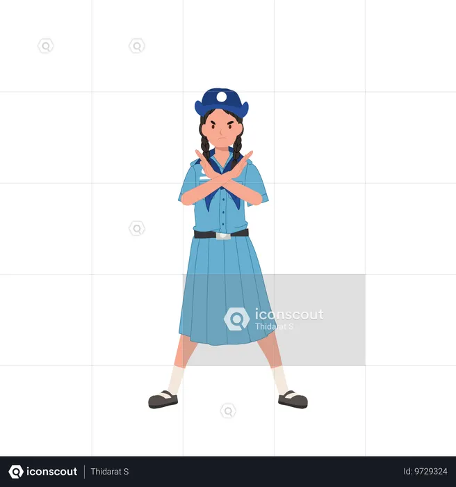 Thai girl scout in uniform with crossed hands making no gesture, No, negative, opposite gestures  Illustration