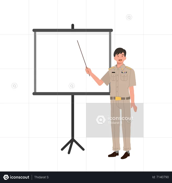 Thai government officer holding pointer stick and explaining knowledge in board  Illustration