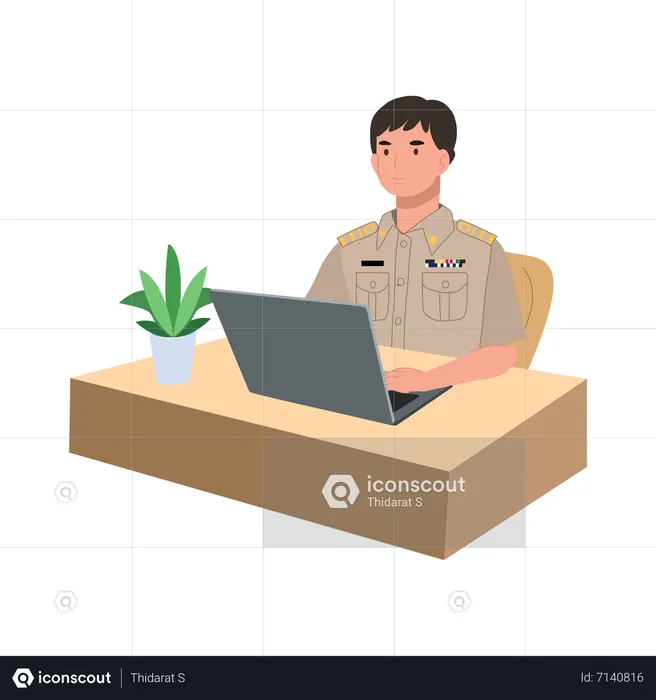 Thai government officers working with laptop in desk  Illustration