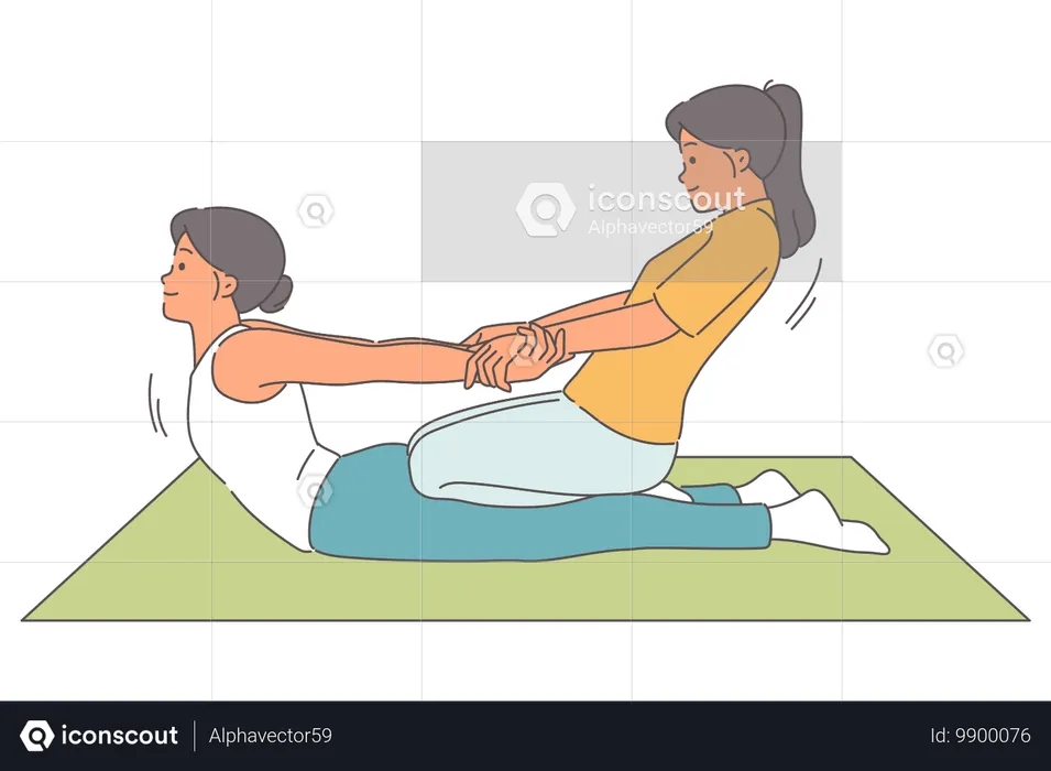 Thai massage for woman lying on floor from girl masseur pulling patient hands to straighten spine  Illustration