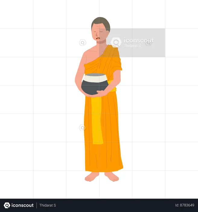 Thai Monk in Traditional Robes with Alms Bowl giving Blessing  Illustration