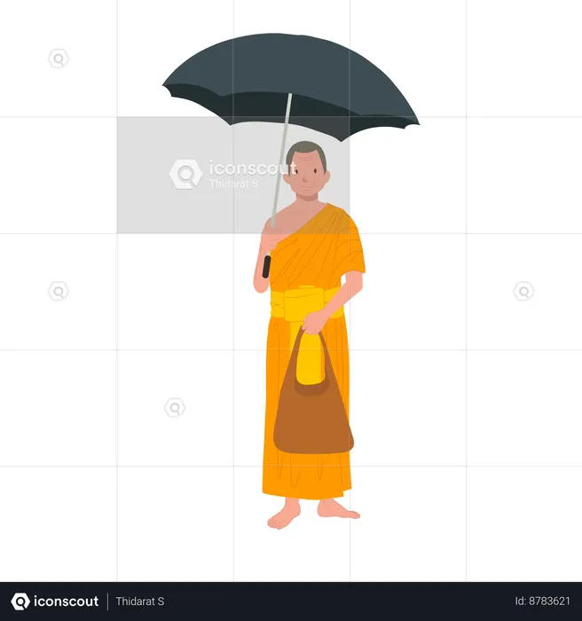 Thai Monk in Traditional Robes with Black Umbrella and fabric bag  Illustration