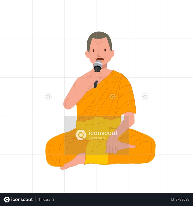 Thai Monk in Traditional Robes with Microphone speaking  Illustration