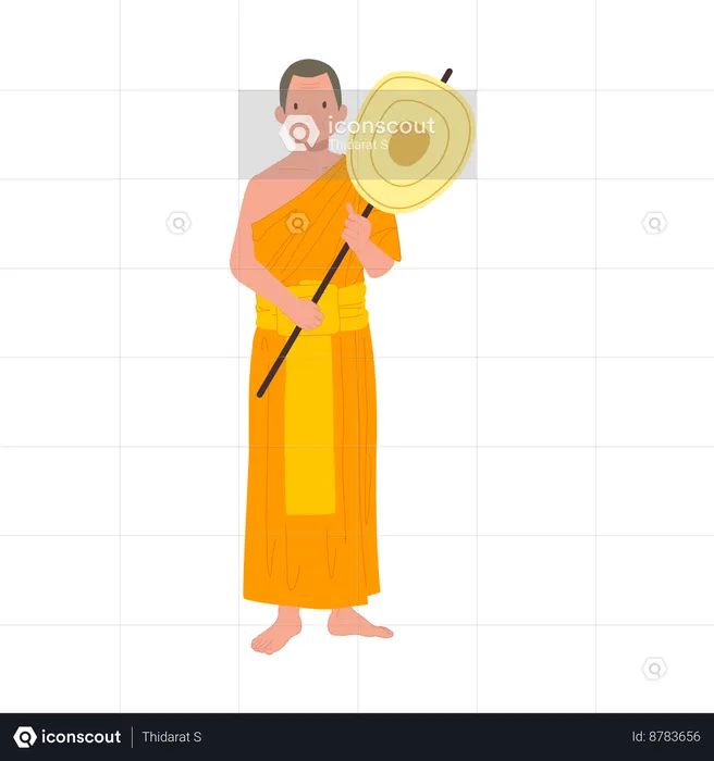 Thai Monk in Traditional Robes with talipot fan  Illustration