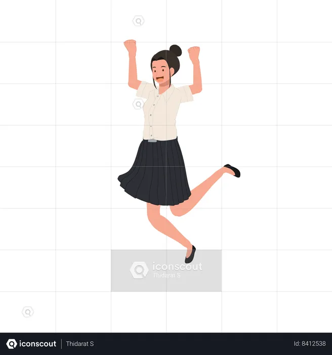 Thai university student in uniform Celebrating Success. Jumping on Campus  Illustration