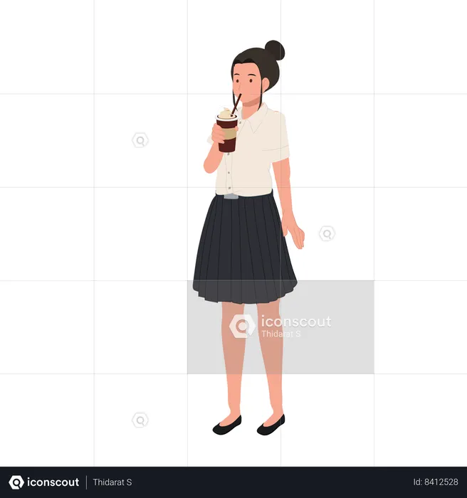 Thai University Student in Uniform Enjoying Iced Coffee on Campus  Illustration