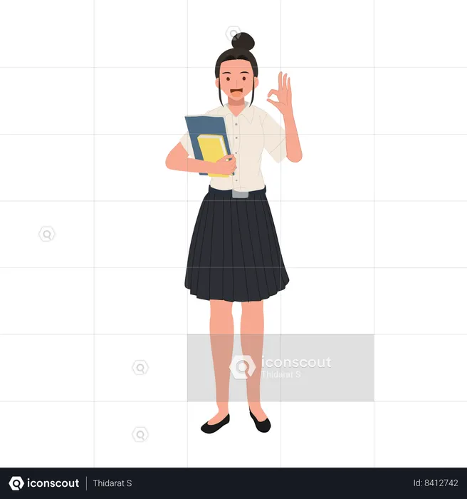 Thai University Student in Uniform Holding Books and doing OK hand sign gesture  Illustration