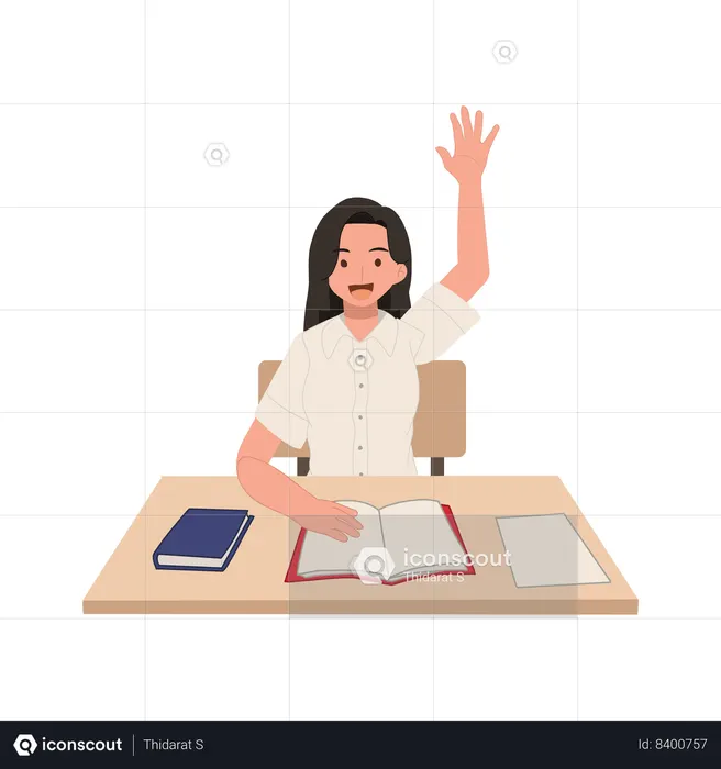 Thai University Student in Uniform Raises Hand for Question  Illustration