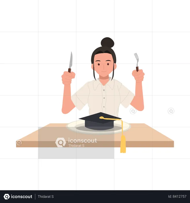 Thai University Student in Uniform with Cutlery to eat graduation cap  Illustration
