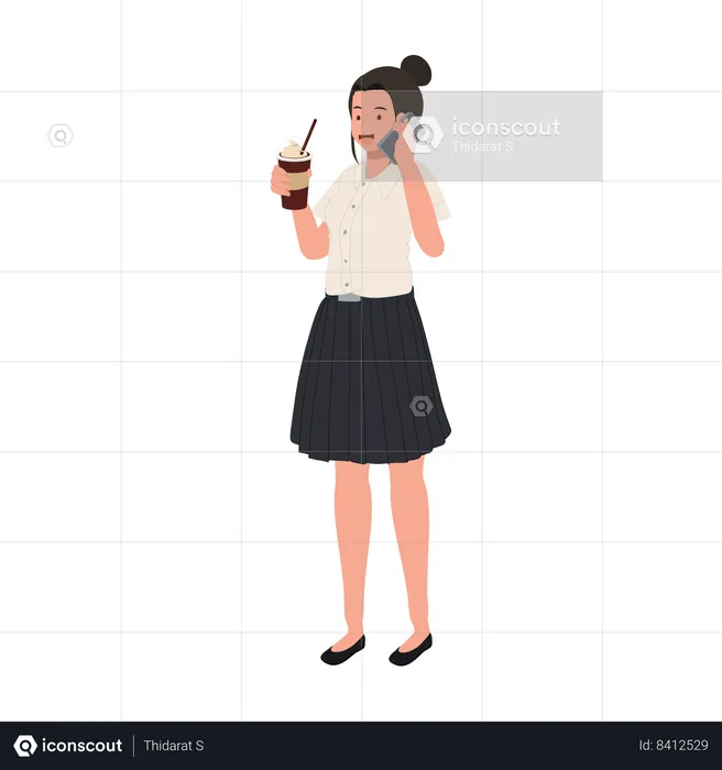 Thai university Student Multitasking with Iced Coffee and Smartphone on Campus  Illustration