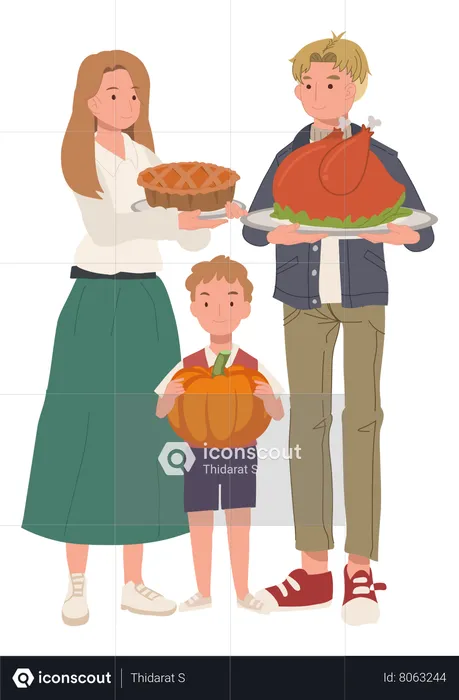 Thanksgiving Celebration With Roasted Turkey Pumpkin Pie  Illustration