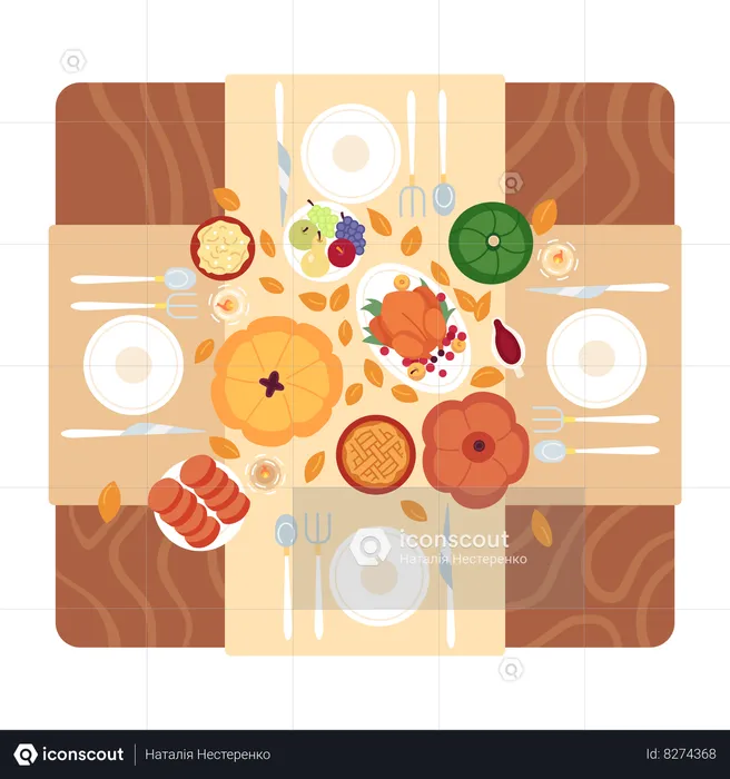 Thanksgiving dinner table overhead  Illustration