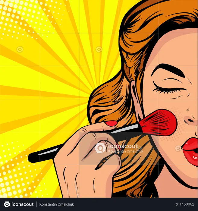 The beauty of the face. Make-up, woman brush causes the tone to the face. Vector Illustration in pop art retro comic style.  Illustration