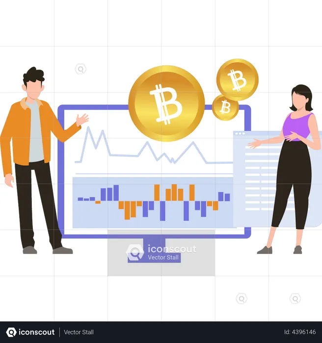 The boy and girl working on bitcoin chart  Illustration