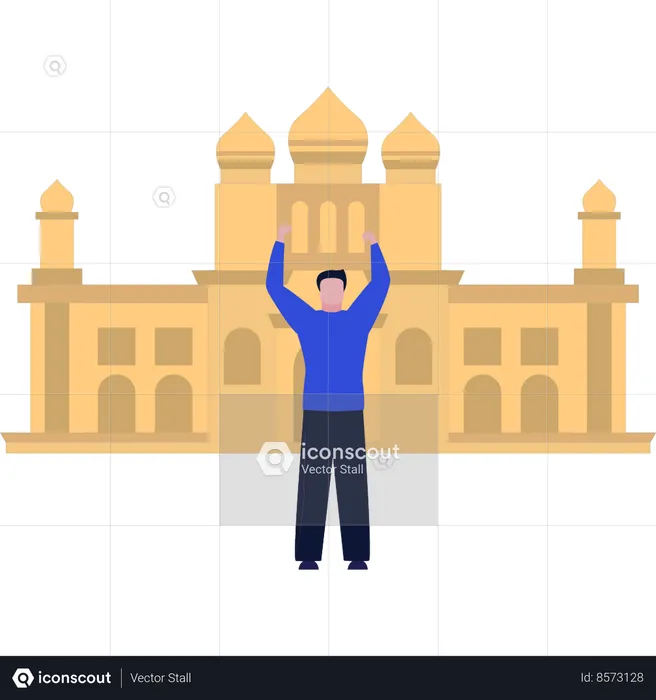 The boy architect is standing in front of the mosque  Illustration