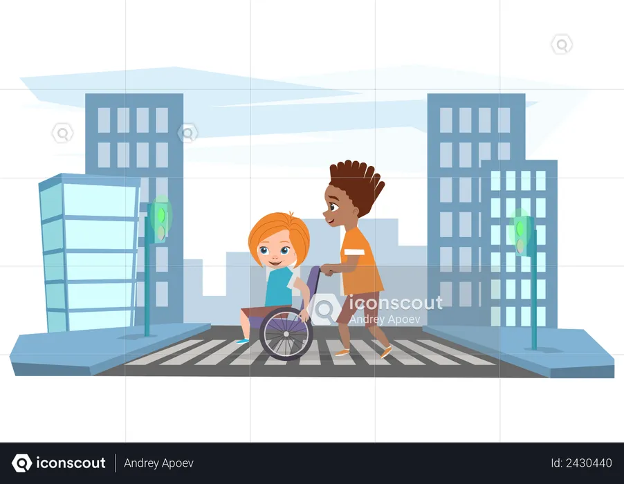 The boy helping the girl in wheelchair to cross the road.  Illustration