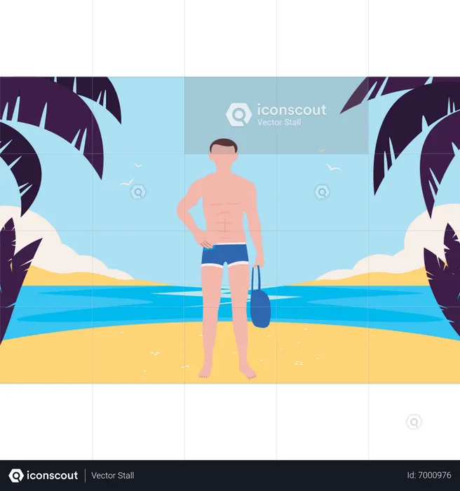The boy is at the beach for vacation  Illustration