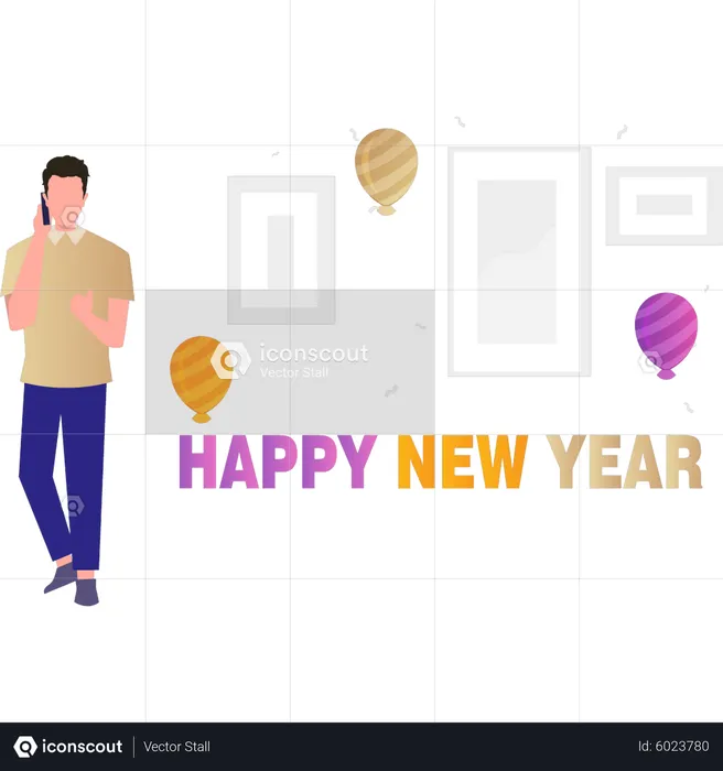 The boy is calling for New Year greetings  Illustration